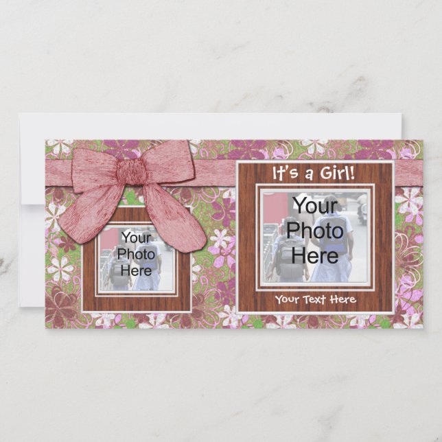 Birth Announcement, Pink Frames and Bow Photo Card (Front)