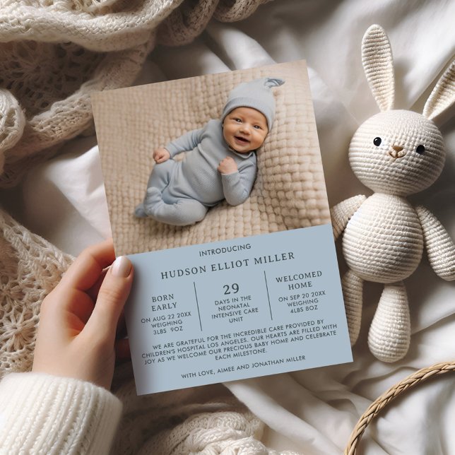 Birth Announcement Preemie NICU Modern Blue Card (Creator Uploaded)