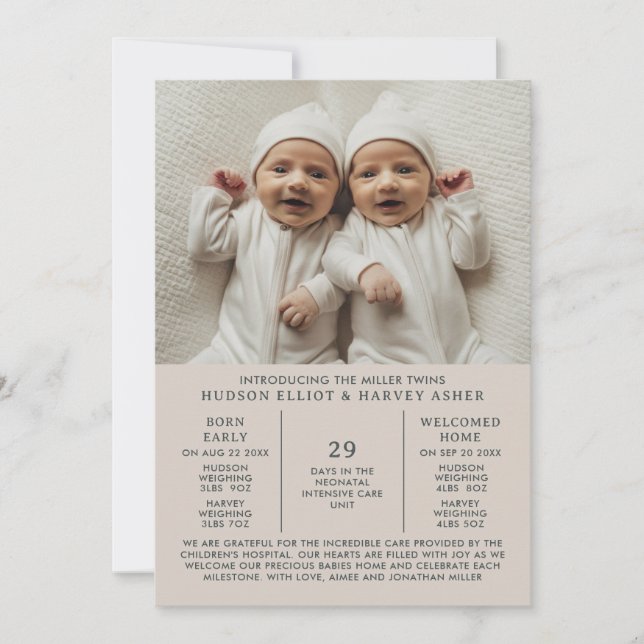 Birth Announcement Preemie Twins NICU Taupe Card (Front)