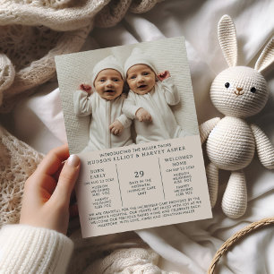 Birth Announcement Preemie Twins NICU Taupe Card