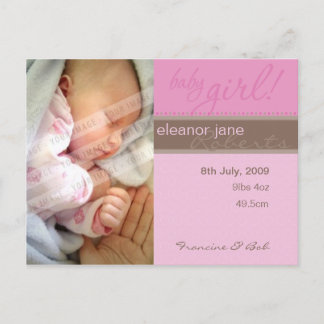 BIRTH ANNOUNCEMENT :: sheer joy - girl Postcard