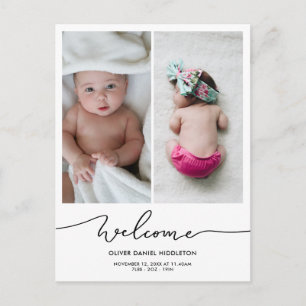 Birth Announcement Welcome Modern Script Photo Postcard