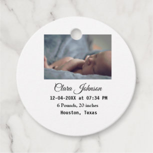 Birth announcements add photo date time place deta favour tags