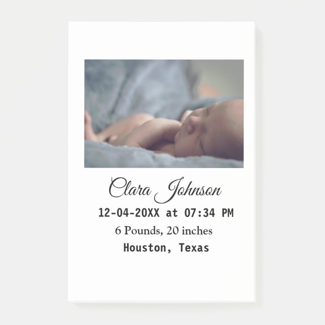 Birth announcements add photo date time place deta post-it notes (Front)