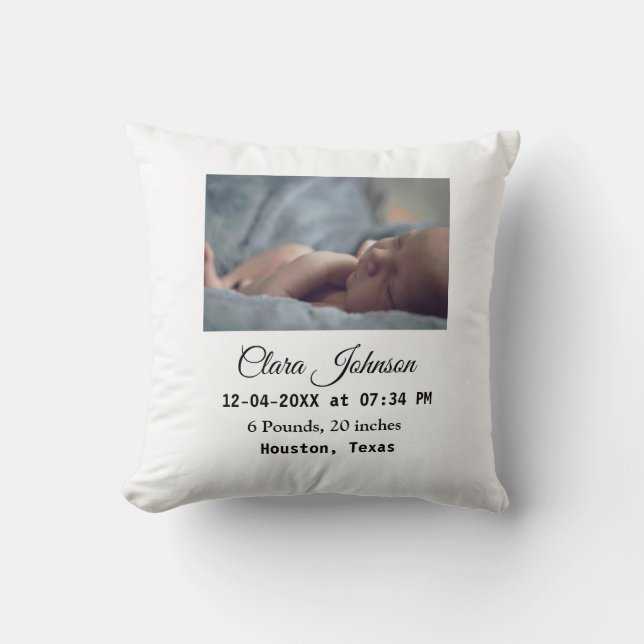 Birth announcements add photo date time place deta throw pillow (Front)