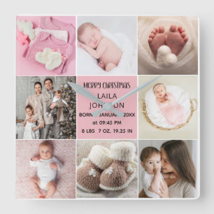 Birth Announcment Personalize 8 Photo christmas Square Wall Clock