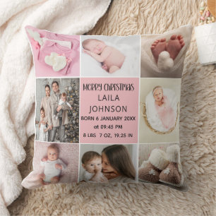 Birth Announcment Personalize 8 Photo christmas Throw Pillow