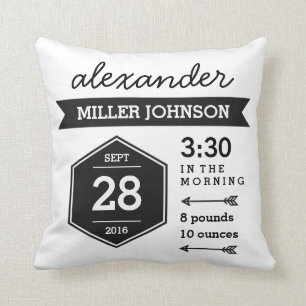 Birth Details Black White Pillow - Monochrome Art