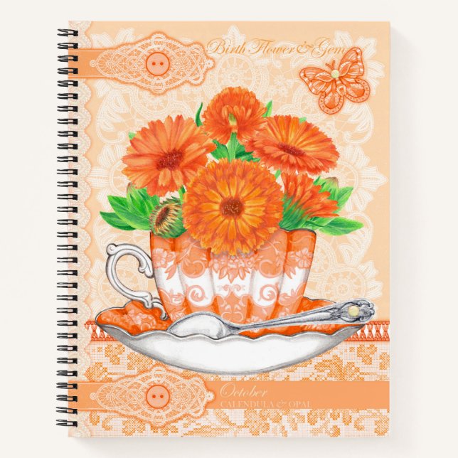 Birth Flower and Gem October Lace Lrge Notebook (Front)