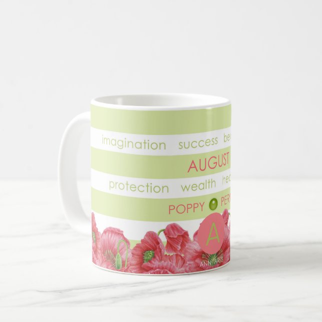 Birth Flower and Gem Stripe Mug August (Front Left)