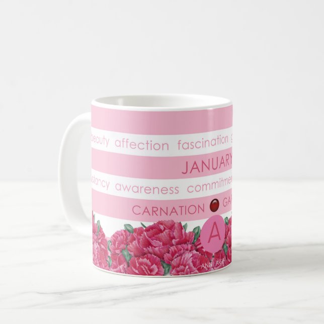 Birth Flower and Gem Stripe Mug January (Front Left)