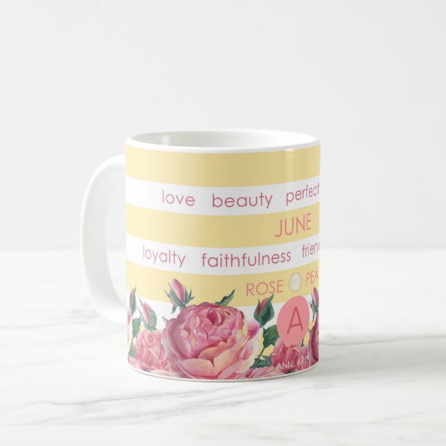 Birth Flower and Gem Stripe Mug June (Front Left)