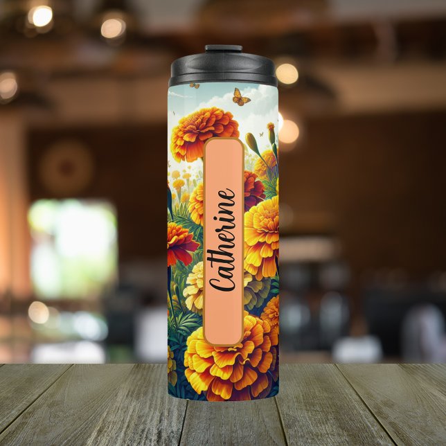 Birth Flower Month October Marigold Personalized Thermal Tumbler (Personalized 20 oz Thermal Tumbler With Birth Flower Marigold Design for the Month of October.)