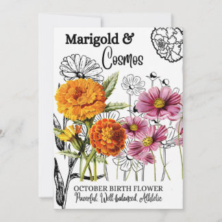 Birth Flower, October, Marigold, Cosmos, Birthday Holiday Card