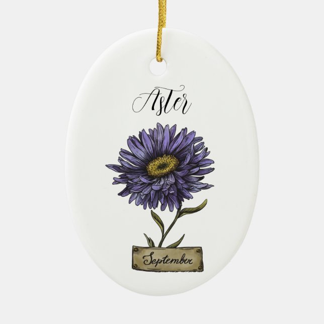 Birth Flower SEPTEMBER Birthday Purple Aster Ceramic Ornament (Front)