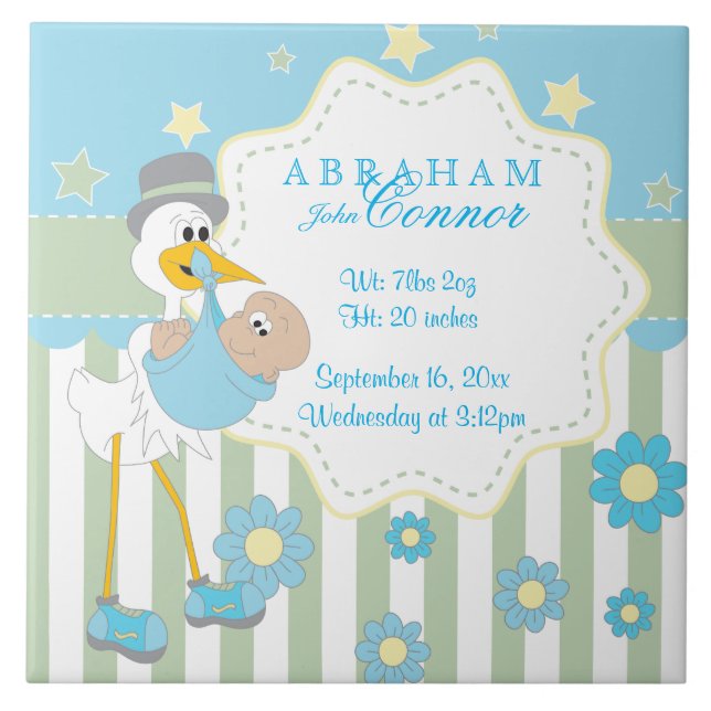 Birth Information - Blue Baby Boy Stork Tile (Front)