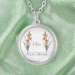 Birth Month Flower August Gladiolus Silver Plated Necklace<br><div class="desc">Birth month flower August Gladiolus necklace featuring an illustration of a gladiolus flower. Below the flower, the name is written in an elegant script font. Beneath the name, it states "August - Gladiolus, " indicating that owner's birth month is August and her birth flower is the gladiolus. It is a...</div>