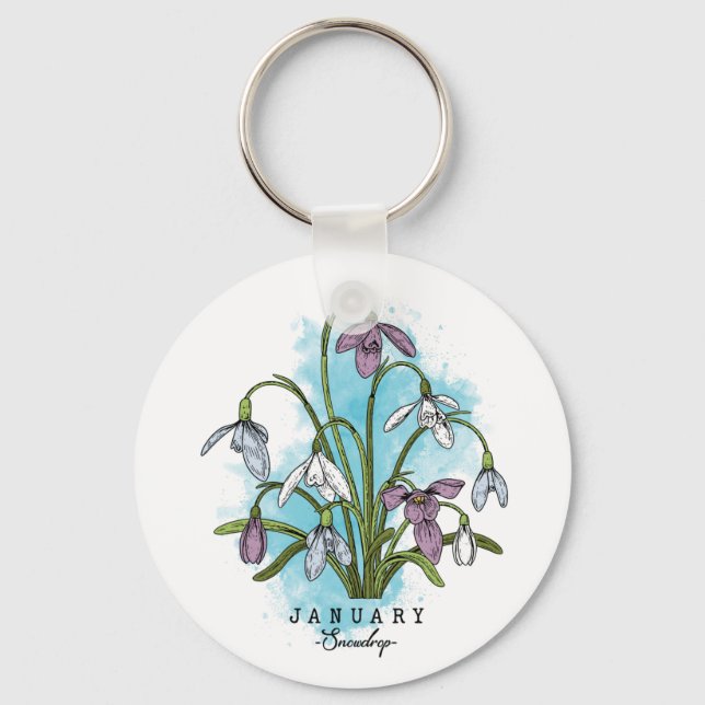 Birth Month Flower Born in January Snowdrop Flower Keychain (Front)