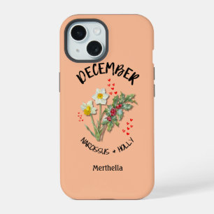 Birth Month Flower DECEMBER Custom Name PEACH iPhone 15 Case