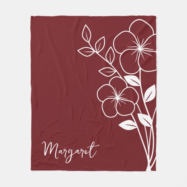 Birth Month Flower, February Maroon Script Name  Fleece Blanket (Front)