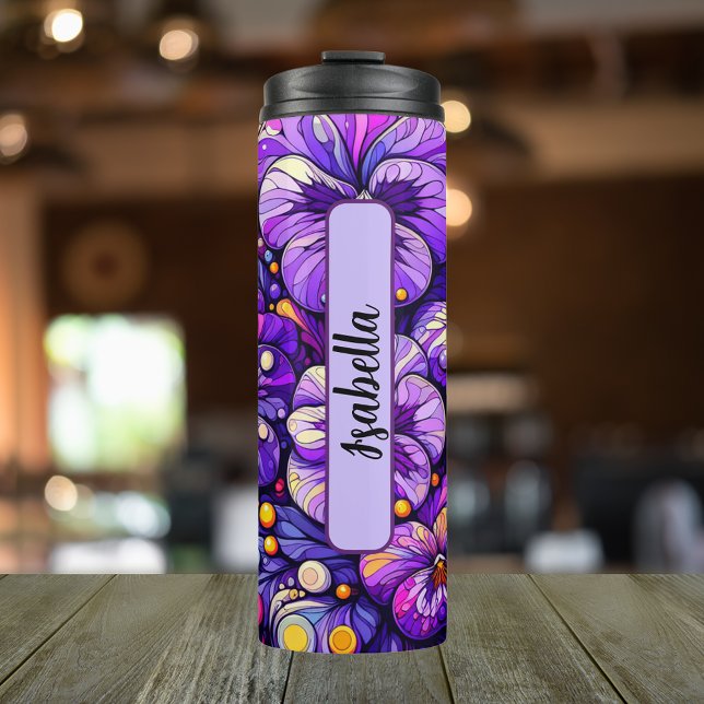 Birth Month Flower February Personalized 16 oz Thermal Tumbler (Personalized 12 oz Thermal Tumbler With Birth Flower Violet Design for the Month of February.)