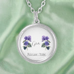 Birth Month Flower February Violet  Silver Plated Necklace<br><div class="desc">Birth month flower February Violet personalized necklace featuring an illustrationof violet flowers. The custom name is written in a stylish script font above the flowers. Below the name, it states "February - Violet, " indicating that birth month is February and birth flower is violet. It's a charming necklace, customized as...</div>