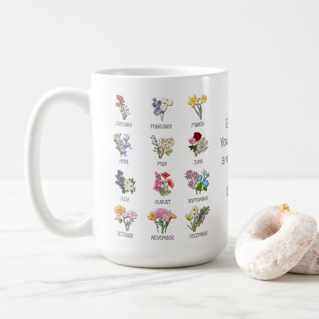 BIRTH MONTH FLOWER Floral Christian Bible Verse Coffee Mug (With Donut)