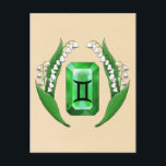 Birth Month May Gemini Postcard<br><div class="desc">An illustration of an Emerald and Lily of the Valley,  the birthstone and birth flower of people born in the month of May,  with the Zodiac sign of Gemini.  Done in collaboration with illustrator ablinder.</div>