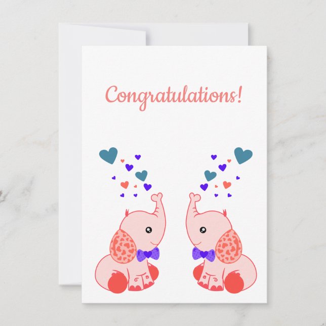 Birth of Twins, Pink Baby Elephant congratulations (Front)