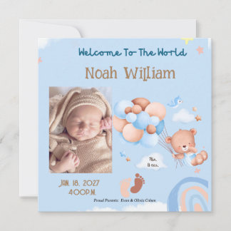 BIRTH PHOTO ANNOUNCEMENT- TEDDY BEAR BALOONS INVITATION