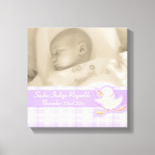 Birth photo purple check and duck canvas wrap