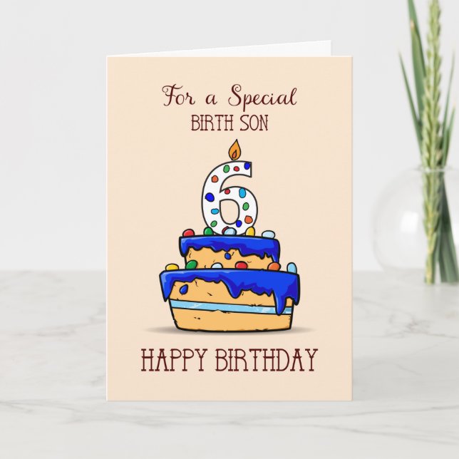 Birth Son 6th Birthday, 6 on Sweet Blue Cake Card (Front)