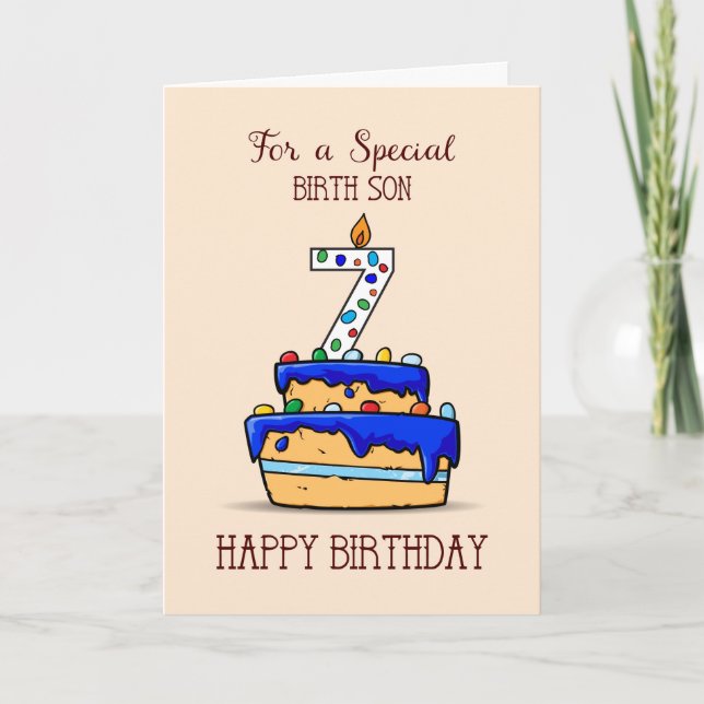 Birth Son 7th Birthday, 7 on Sweet Blue Cake Card (Front)