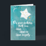 Birth Son Tween or Teen Birthday Night Sky Bright Card<br><div class="desc">Bring a smile to your birth son’s face a he celebrates his birthday today. This card with shining stars on the front telling him to shine brightly too is perfect for the occasion.</div>