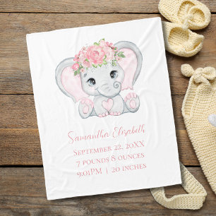 Birth Stat Pink Baby Elephant Baby Girl Gift Baby Fleece Blanket