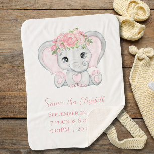 Birth Stat Pink Baby Elephant Baby Girl Gift Sherpa Blanket