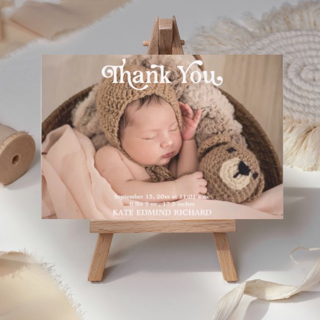 Birth Stats 2 Photos Typography Baby Shower  Thank You Card (Creator Uploaded)