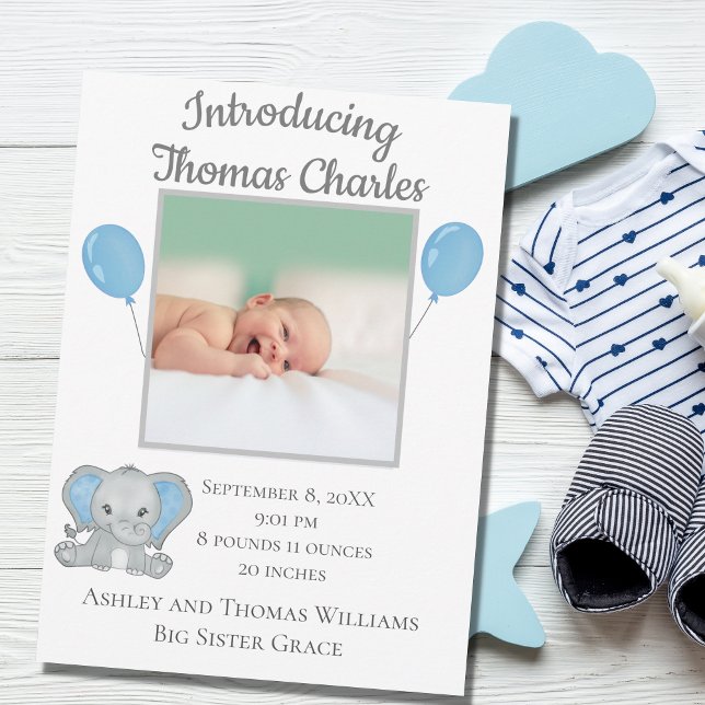 Birth Stats Baby Boy Blue Elephant Baby  Announcement (Creator Uploaded)