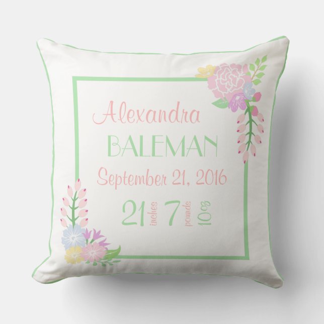 Birth Stats Baby Girl Floral Throw Pillow, 2 sides Throw Pillow (Front)