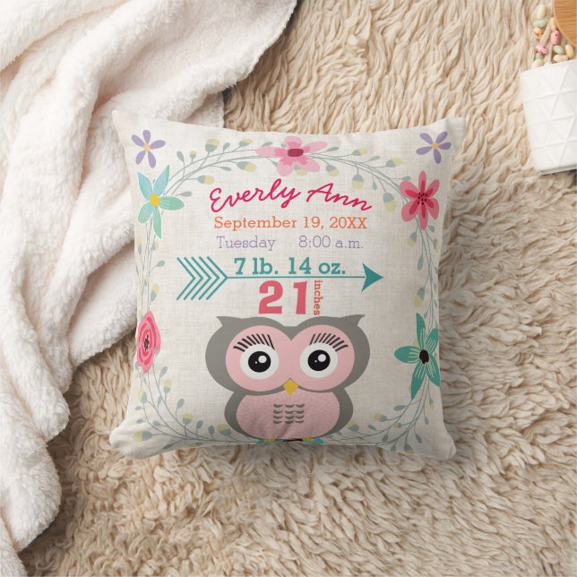 Birth Stats Baby Girl Forest Creature Pink Owl Throw Pillow (Blanket)