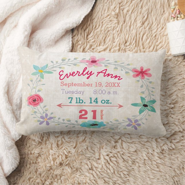 Birth Stats Baby Girl Forest Creatures Fox Lumbar Pillow (Blanket)