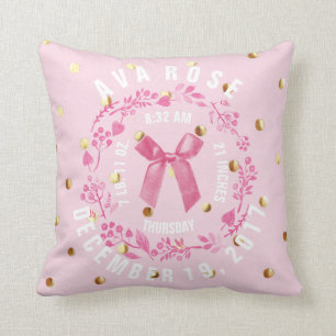 Birth Stats Baby Girl Pink Gold Dots Nursery Throw Pillow