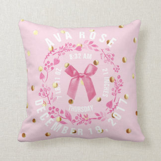 Birth Stats | Baby Girl Pink Gold Dots Nursery Throw Pillow