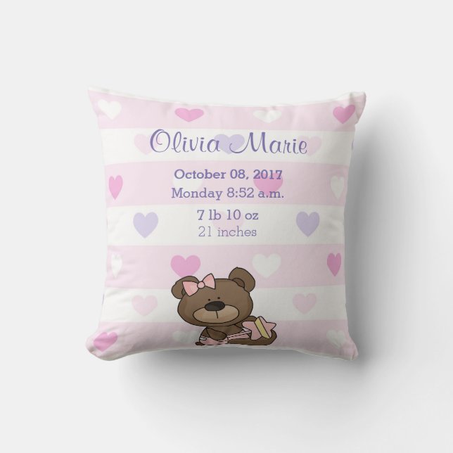 Birth Stats Baby Girl Teddy Bear Throw Pillow (Front)