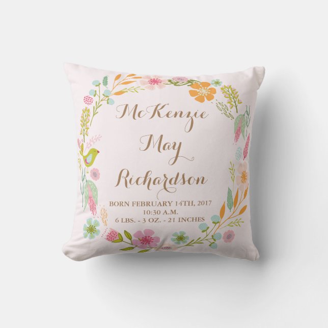 Birth Stats Baby Girl  Throw Pillow (Front)