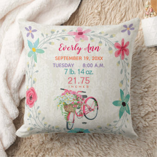 Birth Stats Baby Girl Vintage Retro Pink Bicycle Throw Pillow