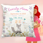 Birth Stats Baby Girl Woodland Creatures Fox Throw Pillow<br><div class="desc">Birth Stats Baby Girl Woodland Creatures Fox.  Out in the forest where acorns,  leaves and wildflowers abound you can find the sweetest little fox sitting next to arrows and other cuteness all there just to announce the most important baby stats of all time.</div>