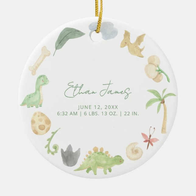 Birth Stats Baby Photo Gender Neutral Dinosaur Boy Ceramic Ornament (Front)