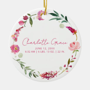 Birth Stats Baby Photo Pink Watercolor Floral Ceramic Ornament