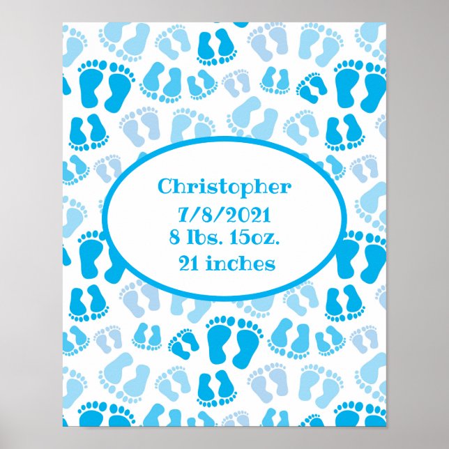 Birth Stats Blue and White Baby Boy Baby Feet  Poster (Front)